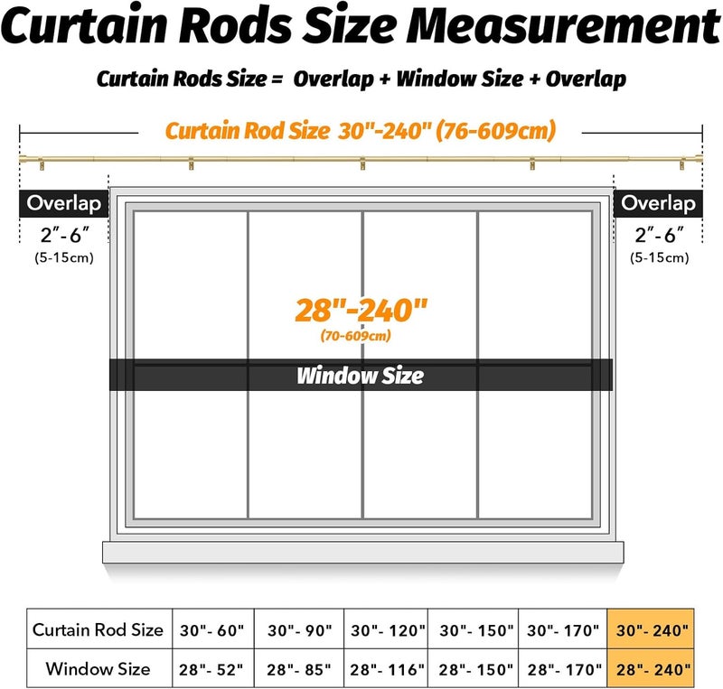 GEEBOBO Gold Curtain Rods for Windows 120 to 240 Inch, 1 Inch Extra Long Heavy Duty Easy Install Adjustable Curtain Rods Set for Outdoor, Farmhouse, Bedroom, Living Room (Gold, 30"-240") - Image 5